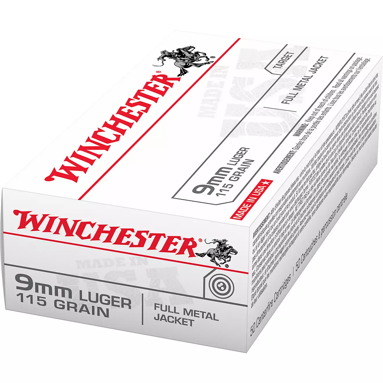 Winchester USA Full Metal Jacket 9mm Luger 115-Grain Handgun Ammunition - 50 Rounds